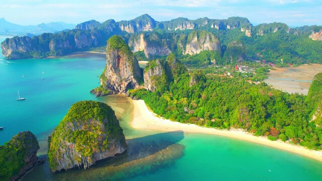 Aerial view over the Tropical sea on a good weather, white sandy beaches and turquoise waters. Most Beautiful Places In Thailand. Famous tourist attractions in Southeast Asia.
