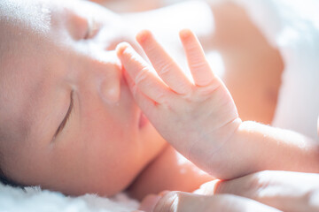 日光に包まれて幸せそうに眠る生まれたての赤ちゃんの小さい手のアップ