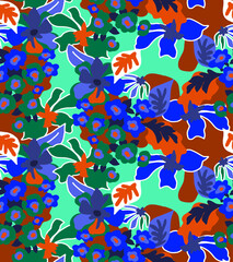 Fototapeta na wymiar Abstract Hand Drawing Colorful Mix Ditsy Retro Tropical Exotic Flowers and Leaves Seamless Vector Pattern Isolated Background