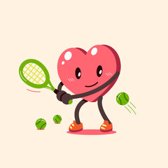 Cartoon heart character playing tennis for design.