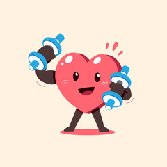 Vector cartoon heart character doing weight training for design.