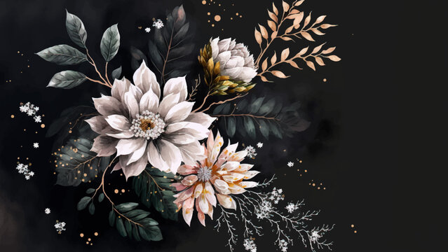 Delicate floral watercolor pattern, floral pattern for textile and background, watercolor peony flowers and black leaves and white flower watercolor art black background. 