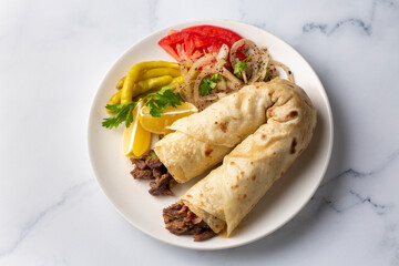 Delicious turkish kebab tantuni. Mersin tantuni durum.