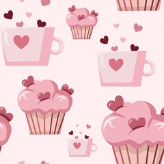 Seamless Valentine's Day pattern with hearts, mug with hearts and pink cream cupcake