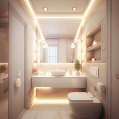 Fototapeta na wymiar a luxurious white bathroom with warm white LED lighting behind a rectangular shaped mirror