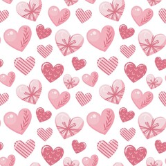 Seamless Valentine's Day pattern on white background with hearts with cute and romantic decorations.