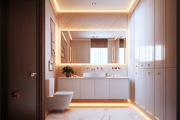 Fototapeta na wymiar a luxurious light-coloured, high-resolution bathroom with warm white LED lighting behind the rectangular shaped mirror