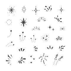 A set of simple hand-drawn decorative illustrations. There are various illustrations such as sparkles, stars, hearts, drops, emphasis icons, fireworks etc.