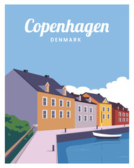 travel poster of Copenhagen  city skyline on colorful building. Vector illustration background with colored style. - obrazy, fototapety, plakaty