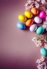 Naklejka na ściany i meble Colorful easter eggs and branch with flowers on wooden desk Generative AI Content by Midjourney