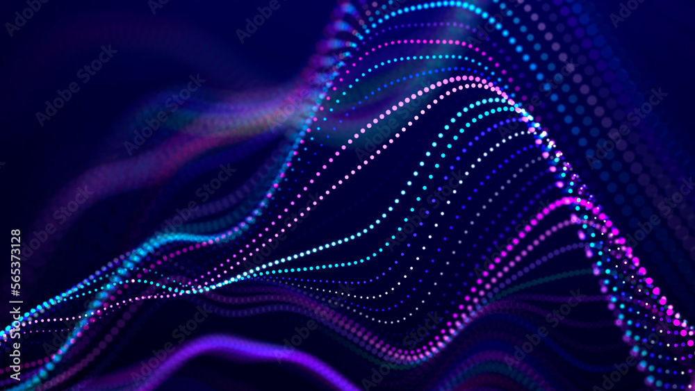 Poster futuristic pattern of dots on a dark background. colored musical wave. technological or scientific b