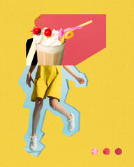 Contemporary art collage. Creative design. Summer mix. Girl in cute yellow dress with delicious milkshake instead head. Concept of surrealism, imagination, creativity, modern artwork, abstract
