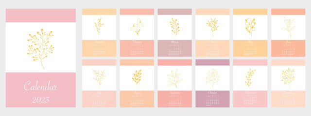 Vector illustration. Calendar for 2023. Botanical theme. Concept with abstract leaves and flowers in gold. Set from 12 months.