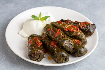 Stuffed collard greens with boiled leaves, traditonal turkish black sea region food, sarma, dolma (Turkish name; Kara lahana sarmasi)