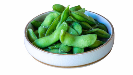 Edamame, Soy bean in white ceramic plate on white bacground.