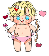  A winged infant carrying a bow and a quiver of arrows. Cute cupid cartoon character, ancient Roman god of love in all its varieties, Valentines day.