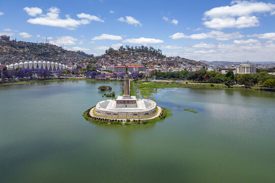 Aerial View Of Monument aux Morts on Lake Anosy ,Antananarivo- capital city of Madagascar 