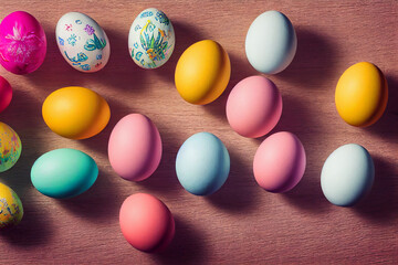Fototapeta na wymiar Colorful easter eggs and branch with flowers on wooden desk Generative AI Content by Midjourney