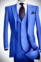 Blue suit and black tie on a model. Concept art for fashion design. Generative AI 