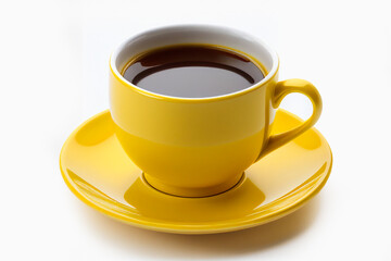 Close up yellow cup of black coffee isolated on white background with clipping path. A mug of coffee.