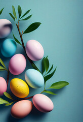 Fototapeta na wymiar Colorful easter eggs and branch with flowers on wooden desk Generative AI Content by Midjourney