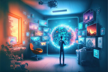 Explore metaverse technology with computer generated environment between user interface and augmented reality and virtual reality