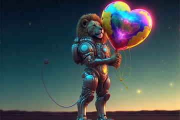 Cyborg lion in astronaut suit close up holding heart shape magical balloon on valentine's day. Generative AI