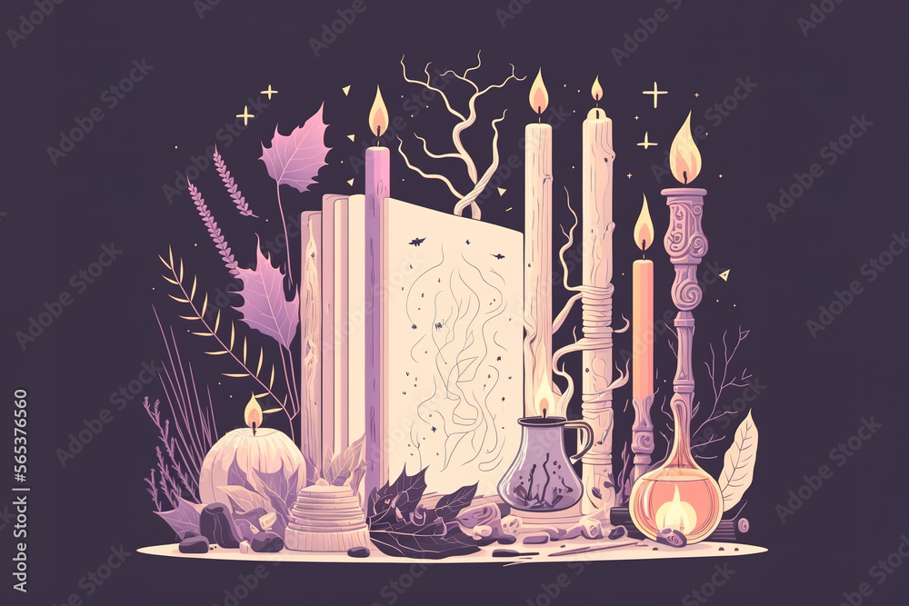 Wall mural occultism wicca style altar made of candles and crystal. minimalist illustration in purple colors. g