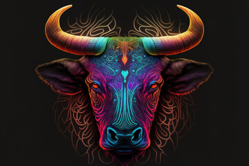 Neon bull head illustration with bright colors over dark background. Generative AI Illustration poster