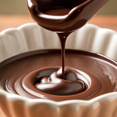 illustrazione generata con intelligenza artificiale di cioccolato fuso rovesciato in una ciotola piena di cioccolata liquida