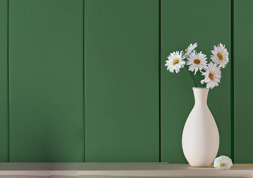 sfondo minimalista di muro con carta da parati a strisce verde salvia  con mensola bianca minimalista e vaso di fiori bianchi creato con intelligenza artificiale