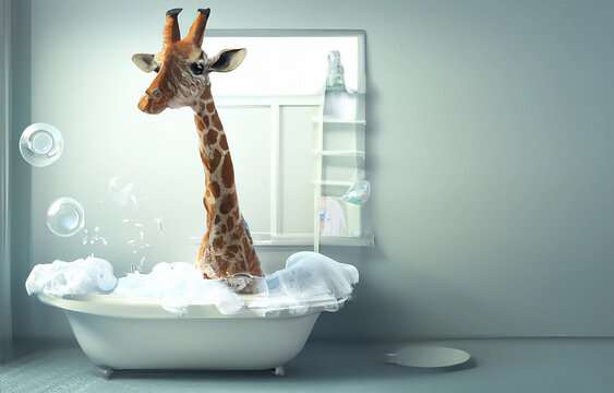 illustrazione creata con intelligenza artificiale di giraffa buffa che fa il bagno in una vasca da bagno di un appartamento