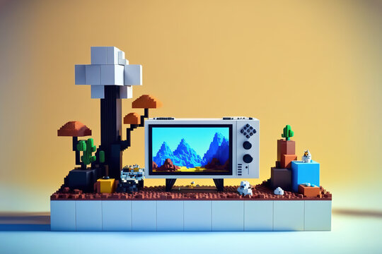 Voxel art vintage console video game place over a table with an old TV. blocks style concept. Generative AI Illustration