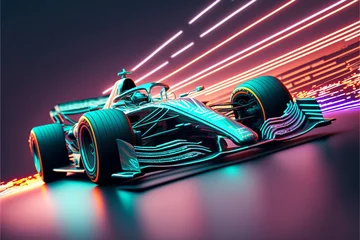 Tuinposter Futuristic racing car, formula 1, neon lights, ray-tracing, 3d render © Digital Frontier