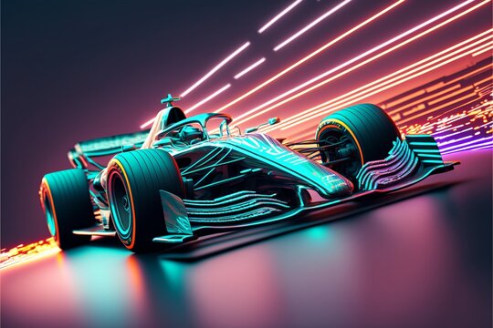 Futuristic racing car, formula 1, neon lights, ray-tracing, 3d render