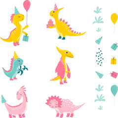 set elements with cutes dinosaur, baby shower greeting card. For Print kids bedding, fabric, wallpaper, wrapping paper, textile, t-shirt print