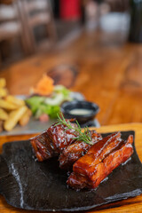 typical meat dishes with rice in country restaurant