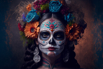 Generative Ai of a woman representing Calavera Catrina with red flowers and skull painting. Day of the Dead concept. 