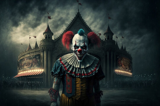 Generative Ai of a terrifying clown in front of a circus.  