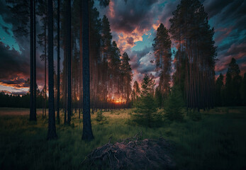 Obraz premium sunset in the forest created with Generative AI technology