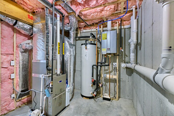 Unfinished basement mechanical room with condensing tankless water heater, storage tank, plumbing...