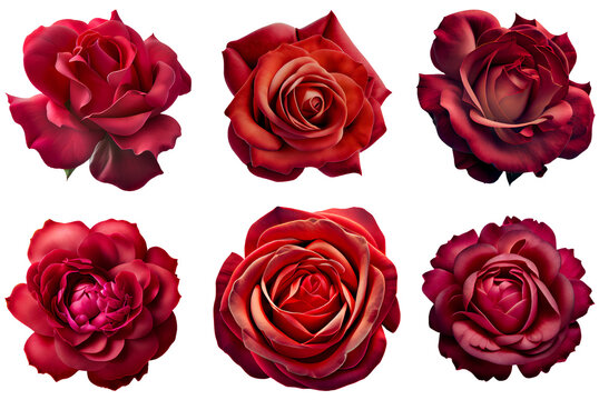 Assorted red roses on transparent PNG background. Flatlay top view of rose flowers. Floral graphic resources. Created with Generative AI technology.