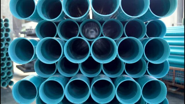 Production Of Plastic Pipes For Water. Warehouse of pipes with a filtration membrane