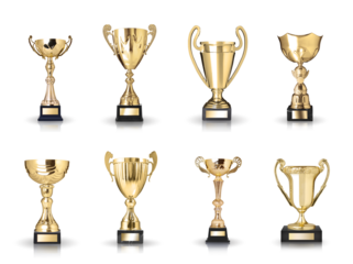 Set of golden trophies isolated