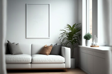 Blank picture frame mockup in home interior design. View of modern scandinavian style interior with artwork template on a white wall. Living room