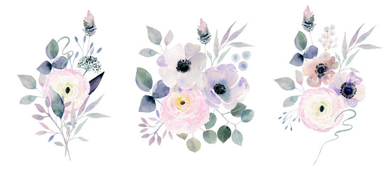 Cold toned delicate flowers - anemones, ranunculus, eucalyptus and twigs. Watercolor bouquets clipart. Hand drawn floral illustration. Perfect for print and screen, invitation or greeting card. - obrazy, fototapety, plakaty