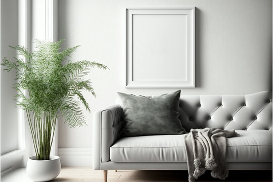 Blank picture frame mockup in home interior design. View of modern scandinavian style interior with artwork template on a white wall. Living room