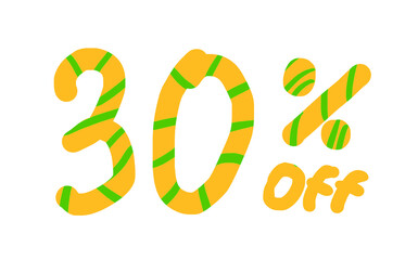 Element for web design template. Yellow text inscription word - "30% off" with green lines design, PNG pattern.