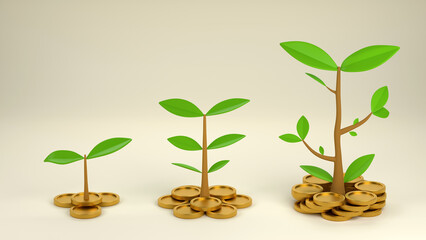 Fototapeta na wymiar growing plants on piles of coin, money for finance and banking concept and investment growth, 3D rendering