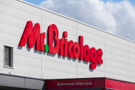 Saint-Martin-des-Champs, France - August, 24 2022: Sign of Mr. Bricolage, a French retail chain offering home improvement and do-it-yourself goods. The company has around 400 stores across France and 